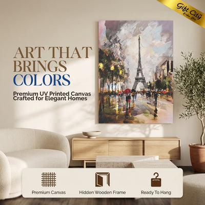 Eiffel Tower Canvas Wall Art with Wooden Frame | Paris Cityscape Painting for Home Decor