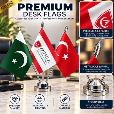 Custom Triple Table Desk Flags with Stainless Steel Stand – Personalized Office Flags with Double-Sided Printing | Gift City