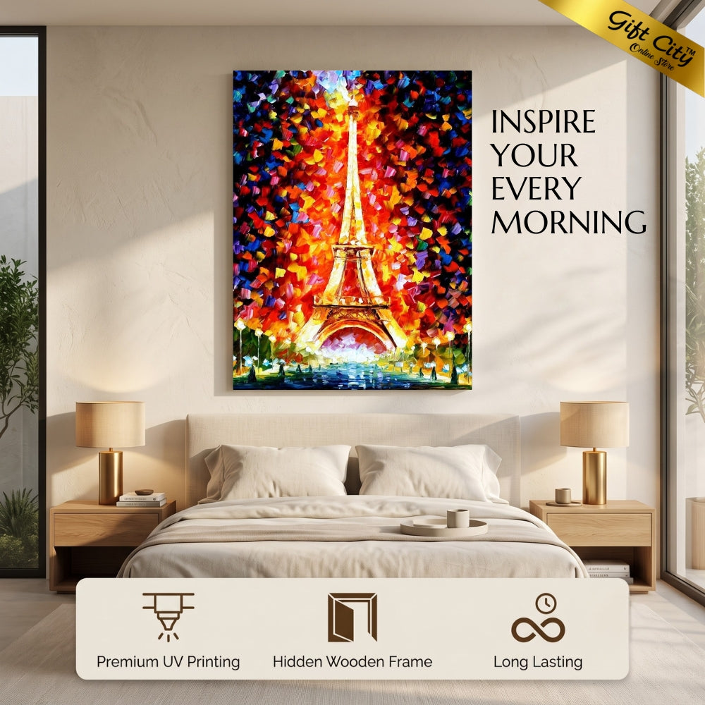 Paris Eiffel Tower Lighted Palette Knife Oil Canvas Painting | Paris Night Canvas Wall Art