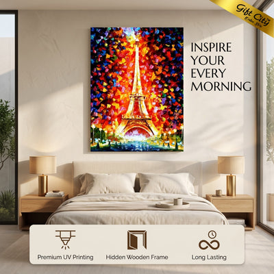 Paris Eiffel Tower Lighted Palette Knife Oil Canvas Painting | Paris Night Canvas Wall Art