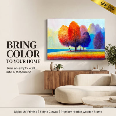 Colorful Autumn Trees Canvas Painting Wall Art with Wooden Frame | Vibrant Nature Landscape Painting