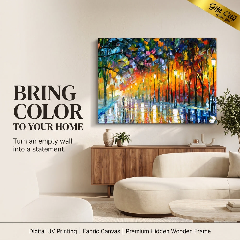 Rainy Street Light Canvas Painting Wall Art with Wooden Frame | Colorful Palette Knife Painting