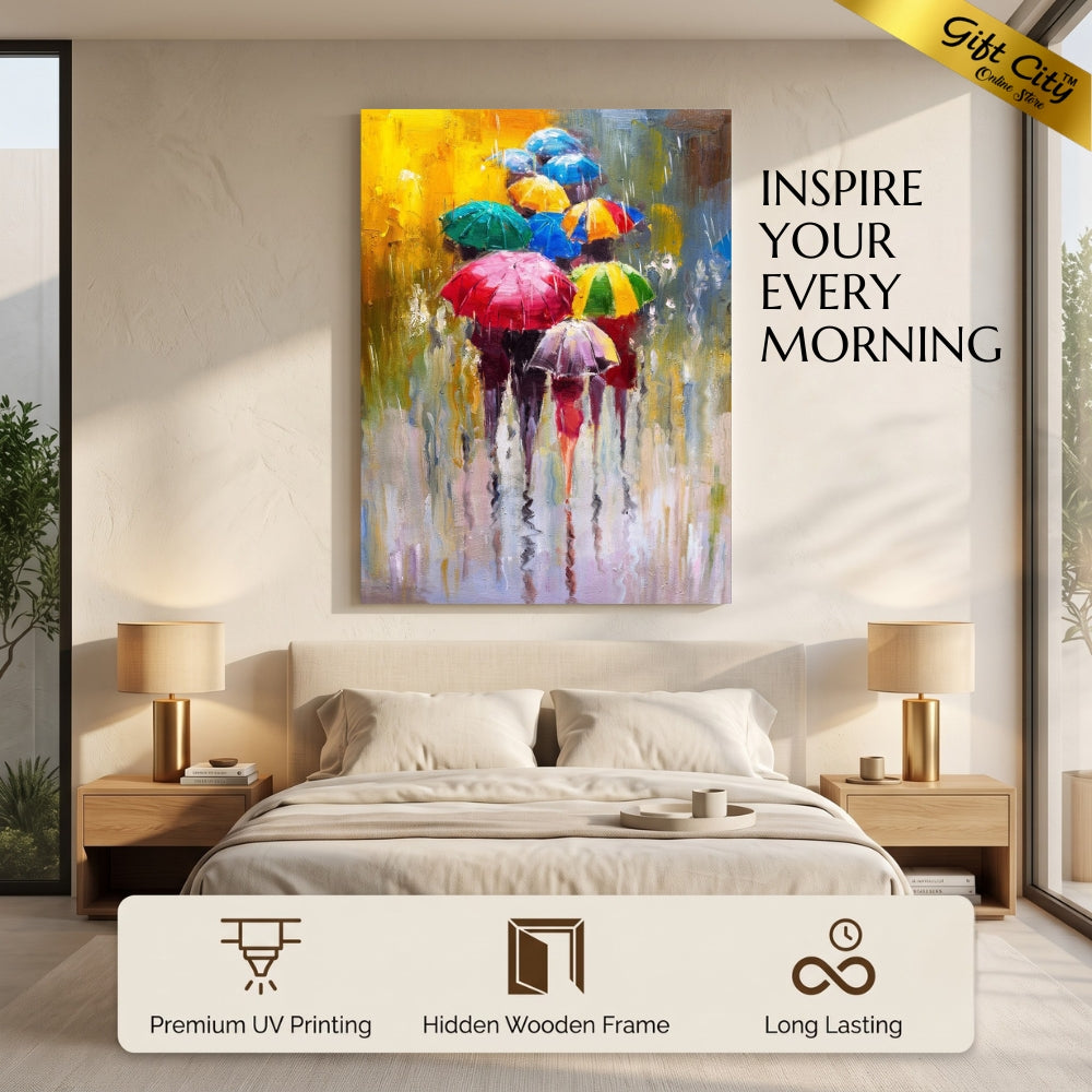 People with Umbrellas in Rain Canvas Painting | Romantic Rainy Scene Wall Art for Home & Office Decor