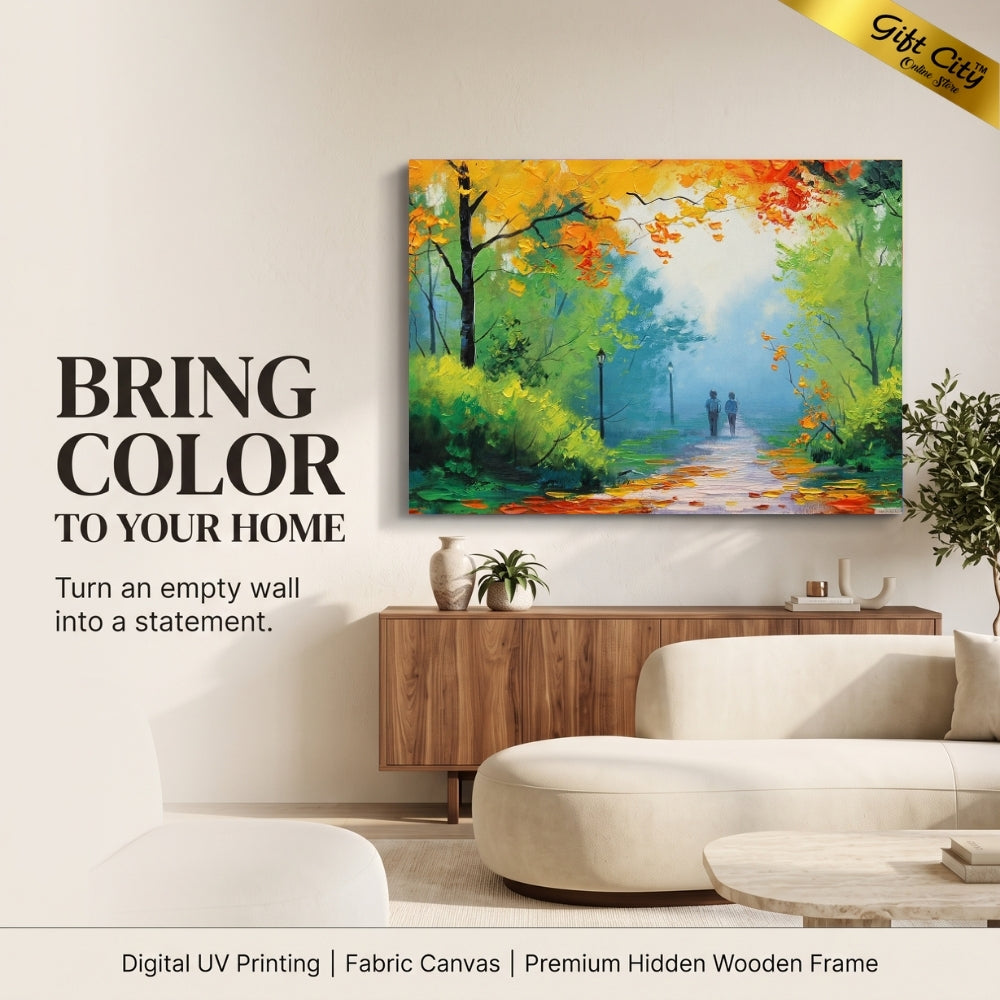 Autumn Forest Canvas Painting Wall Art with Wooden Frame | Fall Landscape Painting for Home Decor