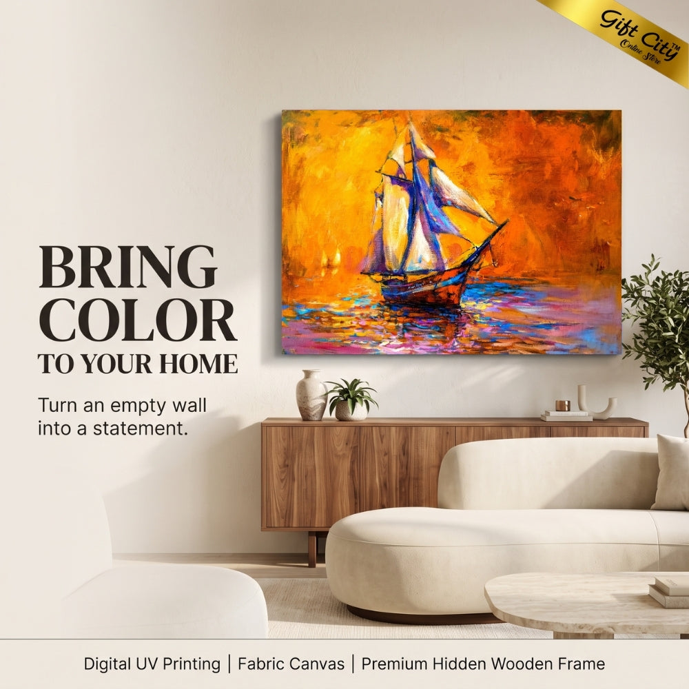 Yacht Sunset Canvas Painting Wall Art | Seaside Boat Artwork for Home & Office Decor