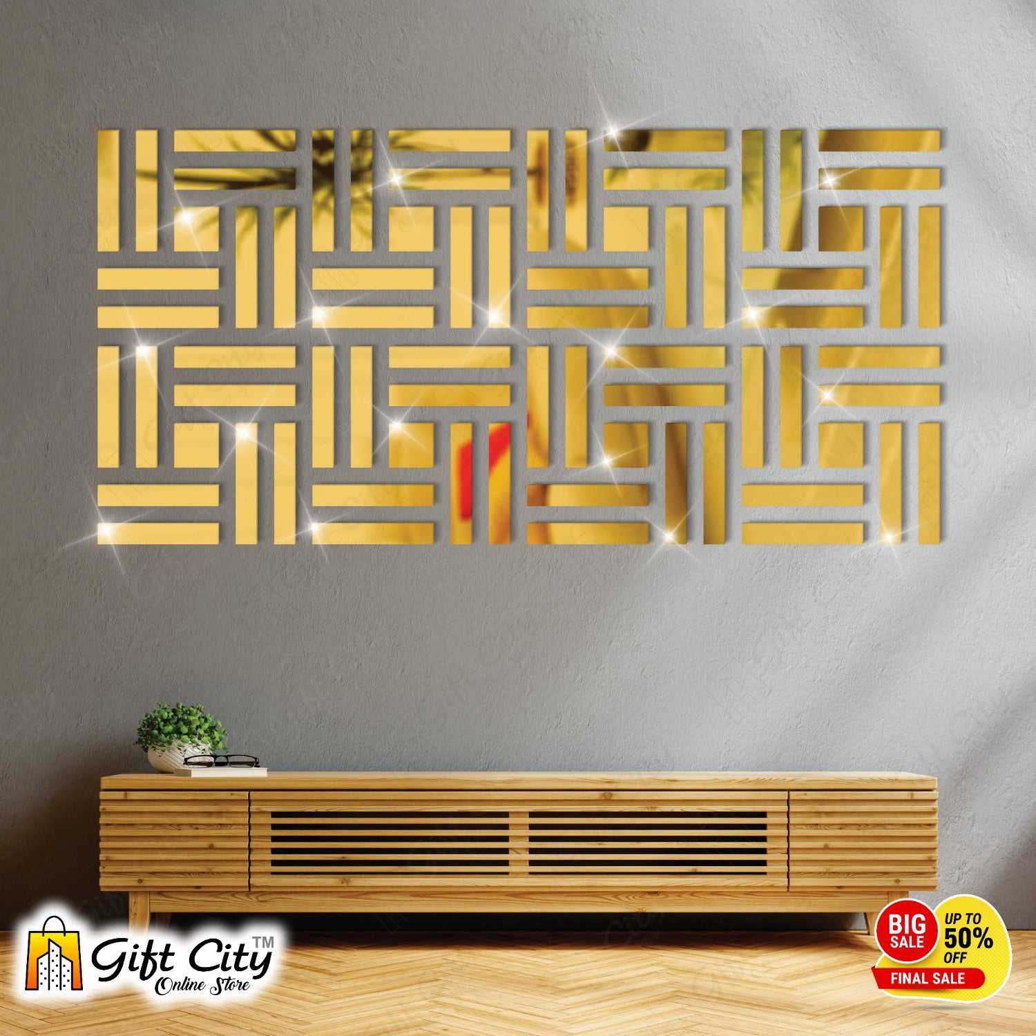 LINES Acrylic Mirror Golden 3D Panels Wall Art For Living Room, Bedroom and Bathroom