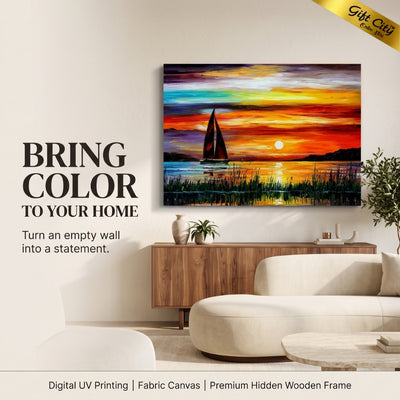 Yacht at Sunset Canvas Painting Wall Art with Wooden Frame | Sea Landscape Painting for Home Decor
