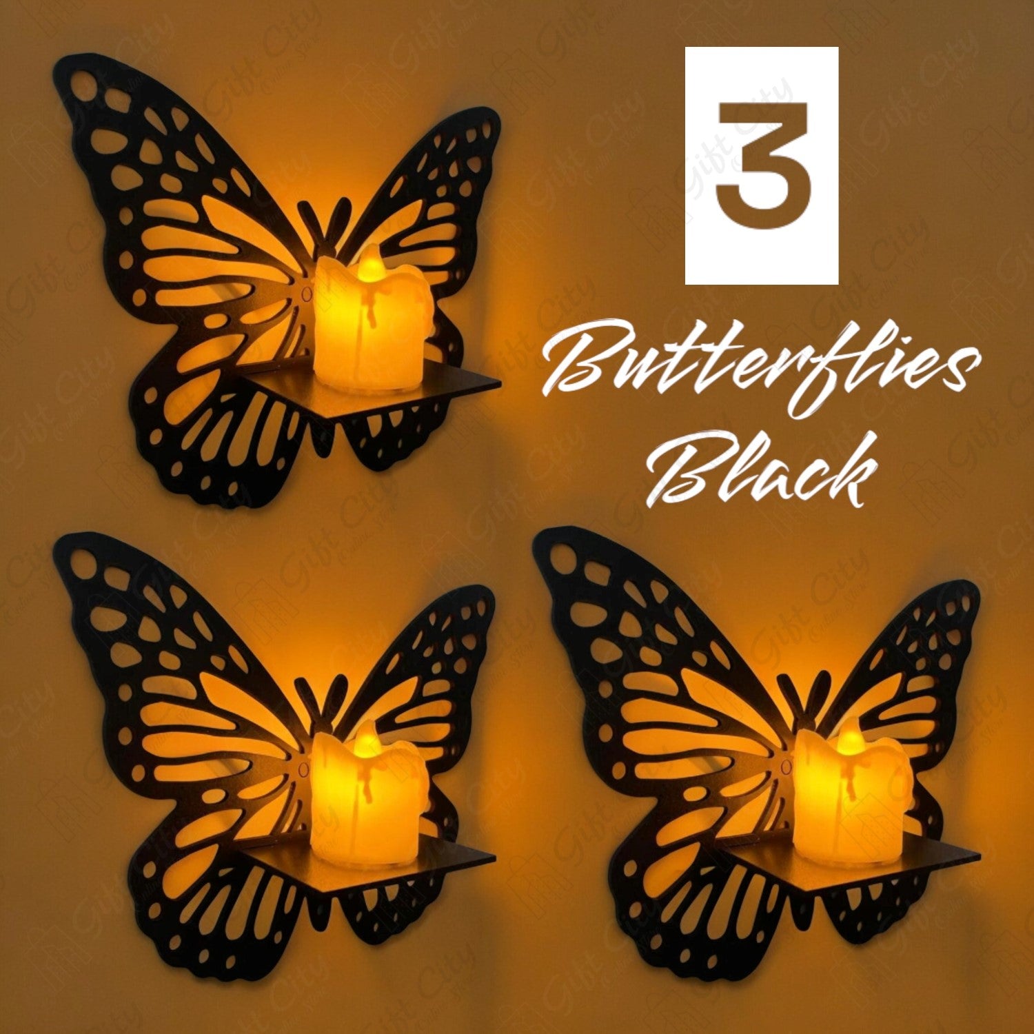 Gift City Presents Premium Wooden Butterfly Wall Shelf - Decorative Candlestick Holder, Black