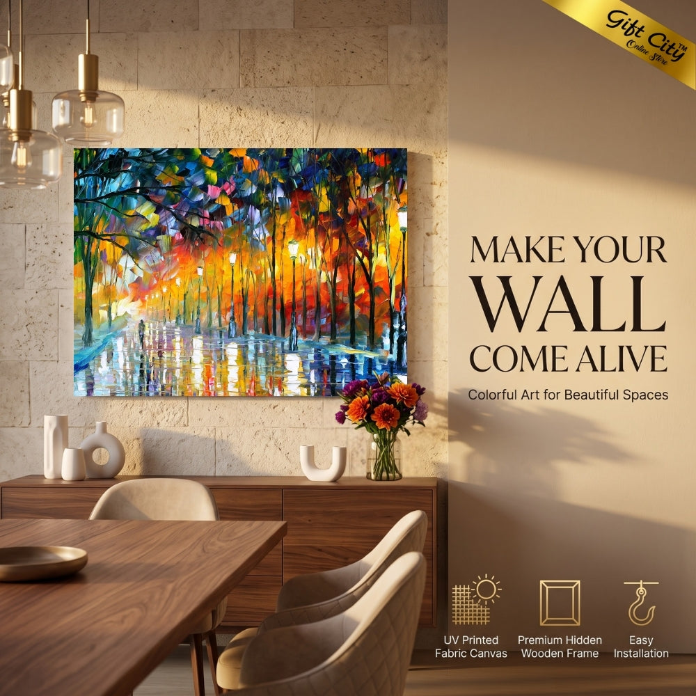 Rainy Street Light Canvas Painting Wall Art with Wooden Frame | Colorful Palette Knife Painting
