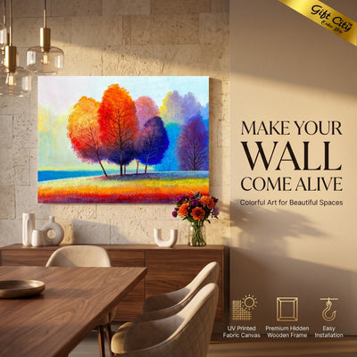 Colorful Autumn Trees Canvas Painting Wall Art with Wooden Frame | Vibrant Nature Landscape Painting