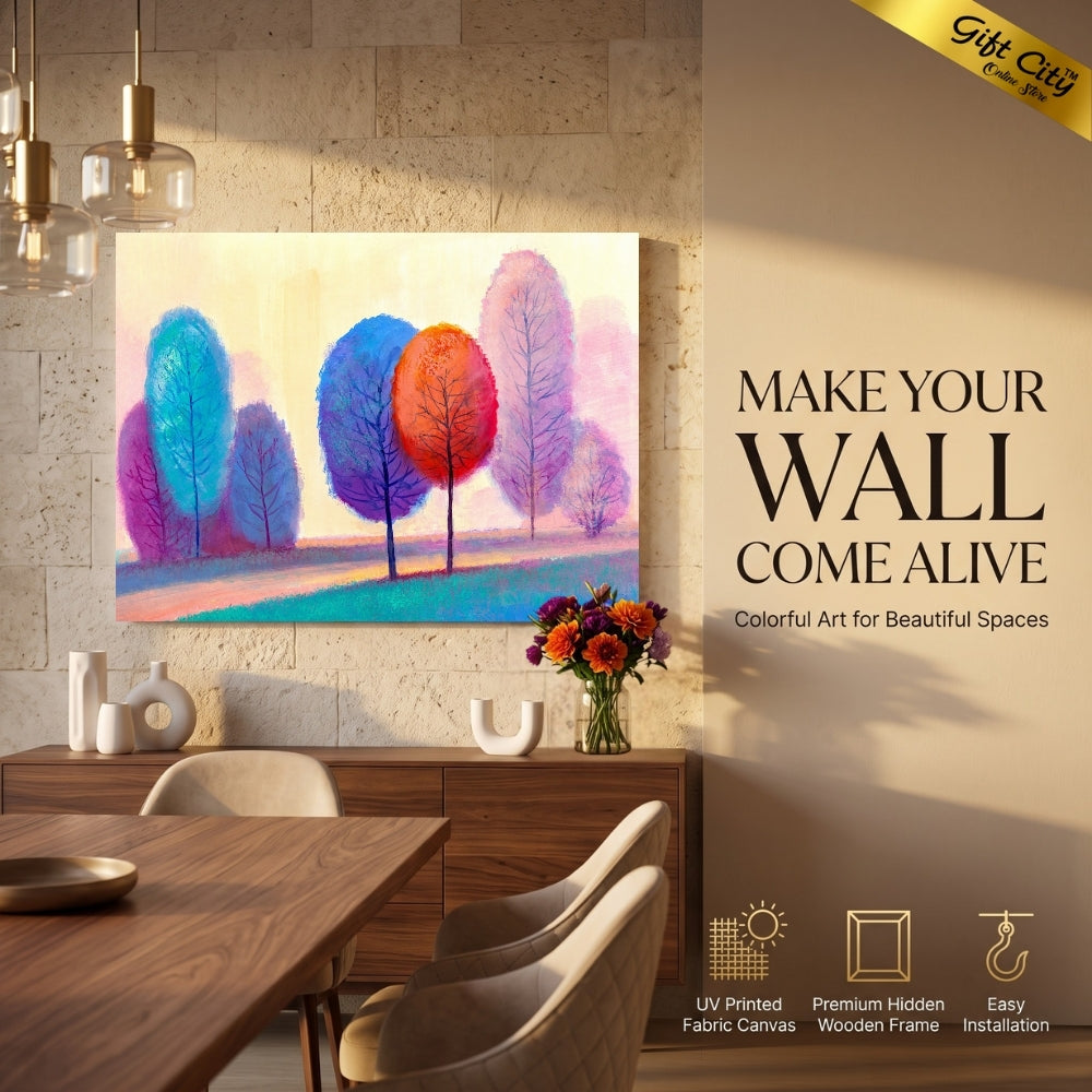 Colorful Autumn Trees Canvas Painting Wall Art with Wooden Frame | Abstract Forest Landscape Painting