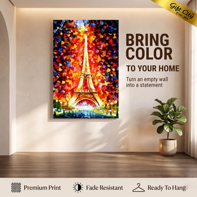 Paris Eiffel Tower Lighted Palette Knife Oil Canvas Painting | Paris Night Canvas Wall Art