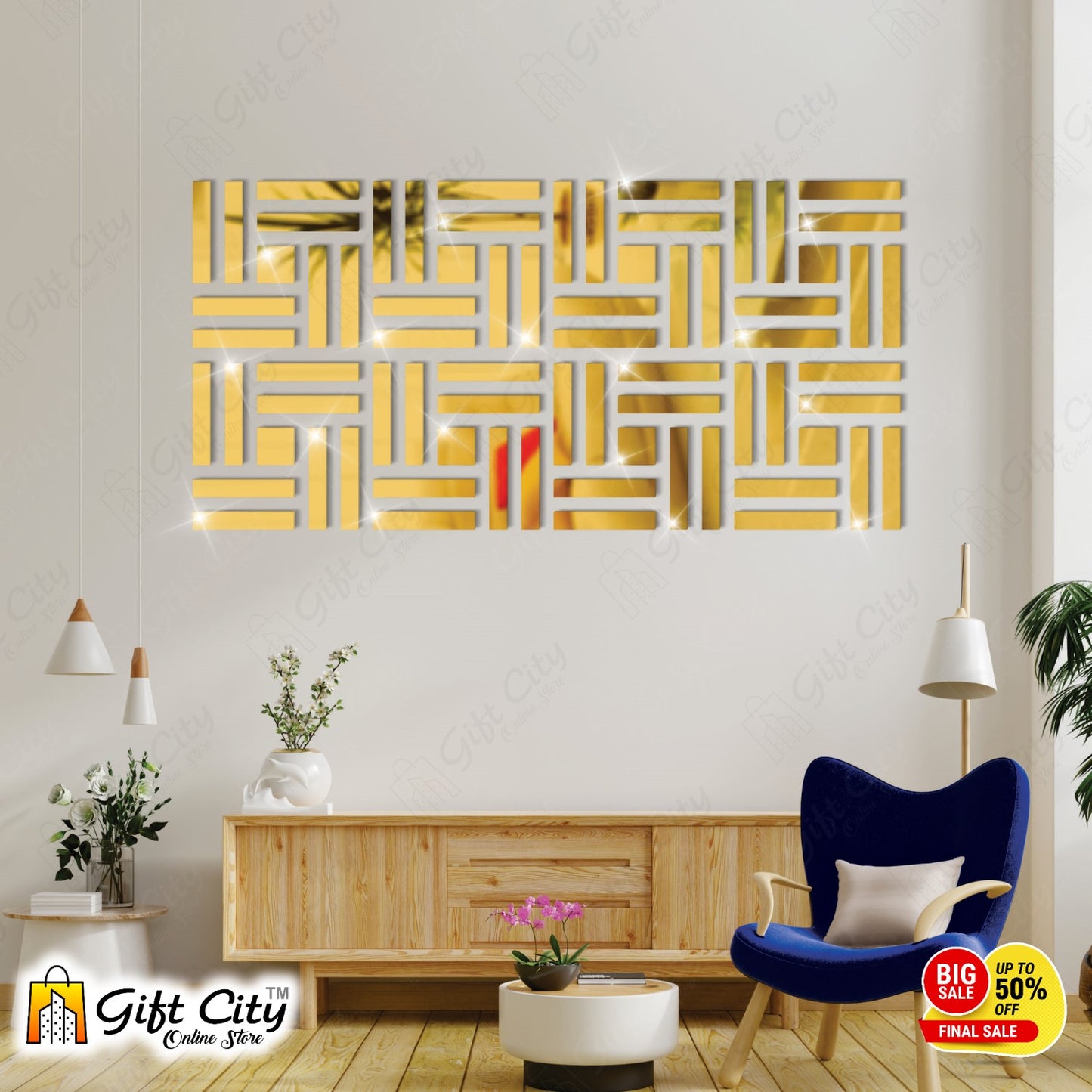 LINES Acrylic Mirror Golden 3D Panels Wall Art For Living Room, Bedroom and Bathroom