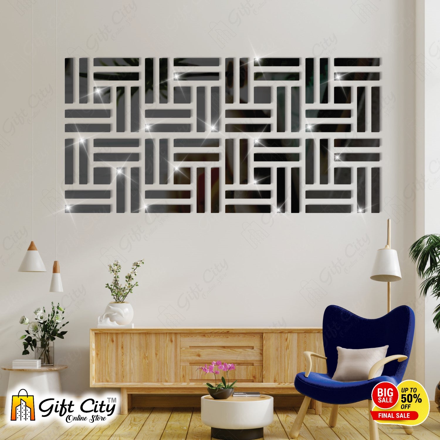 LINES Acrylic Mirror Black 3D Panels Wall Art For Living Room, Bedroom and Bathroom