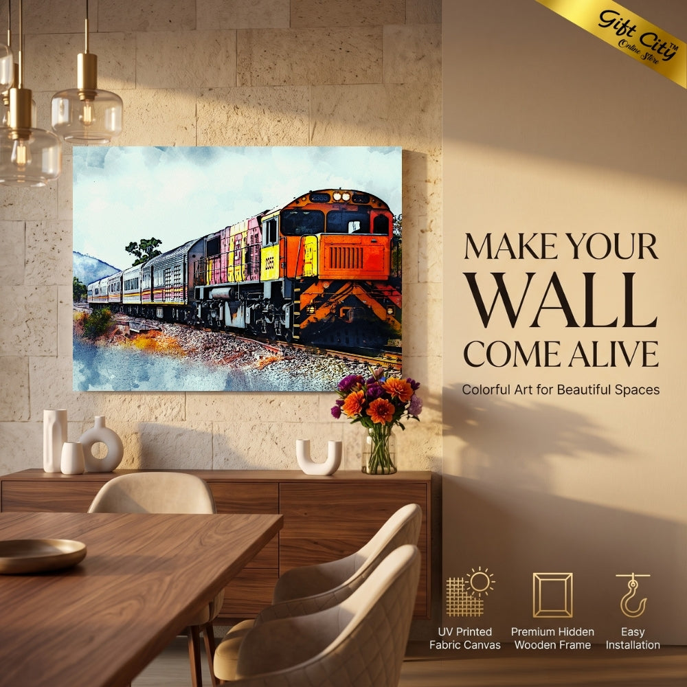 Scenic Train Journey Canvas Painting Wall Art with Wooden Frame | Railway Landscape Painting for Home Decor