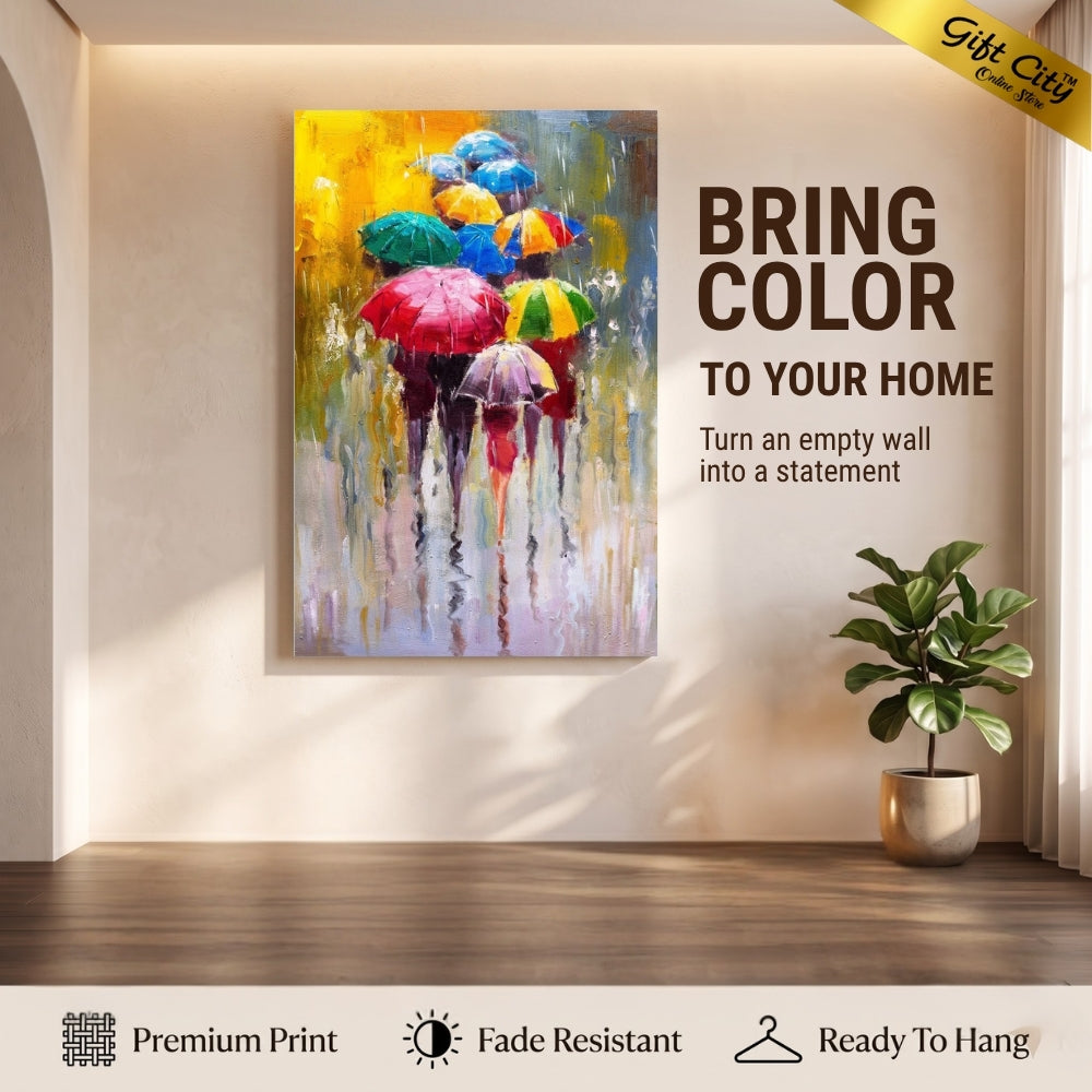 People with Umbrellas in Rain Canvas Painting | Romantic Rainy Scene Wall Art for Home & Office Decor