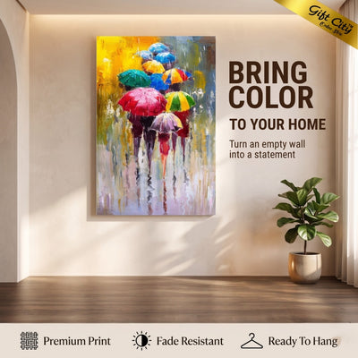 People with Umbrellas in Rain Canvas Painting | Romantic Rainy Scene Wall Art for Home & Office Decor