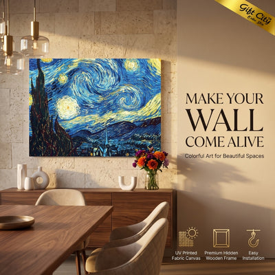 Starry Night Canvas Painting Wall Art | Van Gogh Inspired Night Sky Painting with Wooden Frame