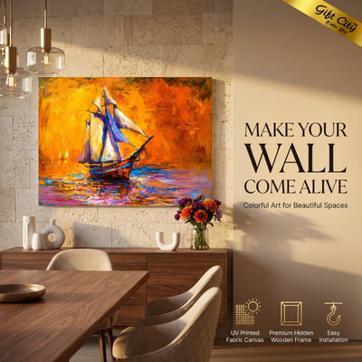 Yacht Sunset Canvas Painting Wall Art | Seaside Boat Artwork for Home & Office Decor