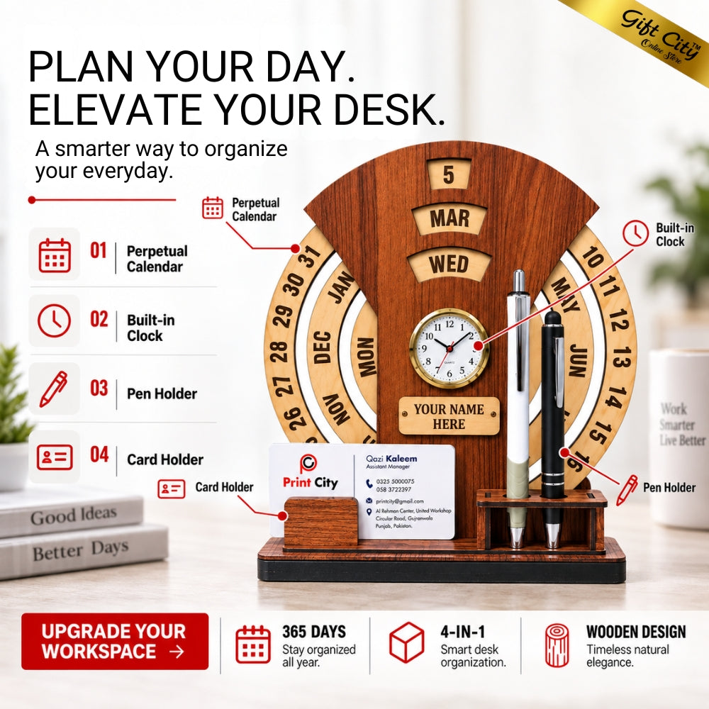 Gift City Presents Infinite Circular Calendar with Pen and Card Holder | Desk Accessories & Corporate Gift - Customizable Text & Photo