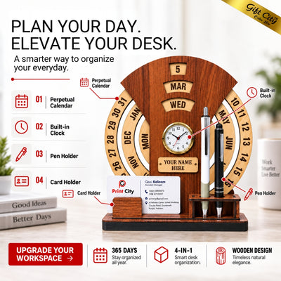 Gift City Presents Infinite Circular Calendar with Pen and Card Holder | Desk Accessories & Corporate Gift - Customizable Text & Photo