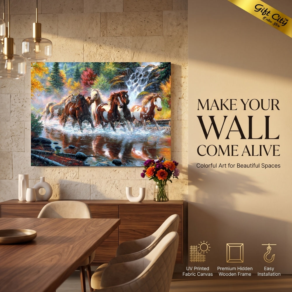 Running Horse Waterfall Canvas Painting Wall Art with Wooden Frame | Nature Landscape Painting for Home Decor
