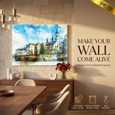 European Village Canvas Painting Wall Art with Wooden Frame | Old Town Landscape Painting for Home Decor