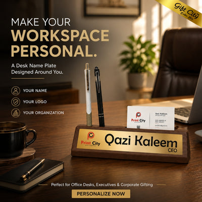 Personalized Wooden Desk Name Plate with Pen & Card Holder – Custom Office Table Name Sign | Gift City