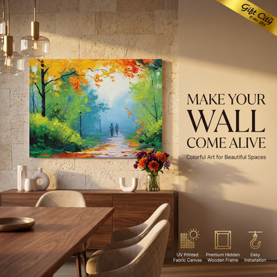 Autumn Forest Canvas Painting Wall Art with Wooden Frame | Fall Landscape Painting for Home Decor