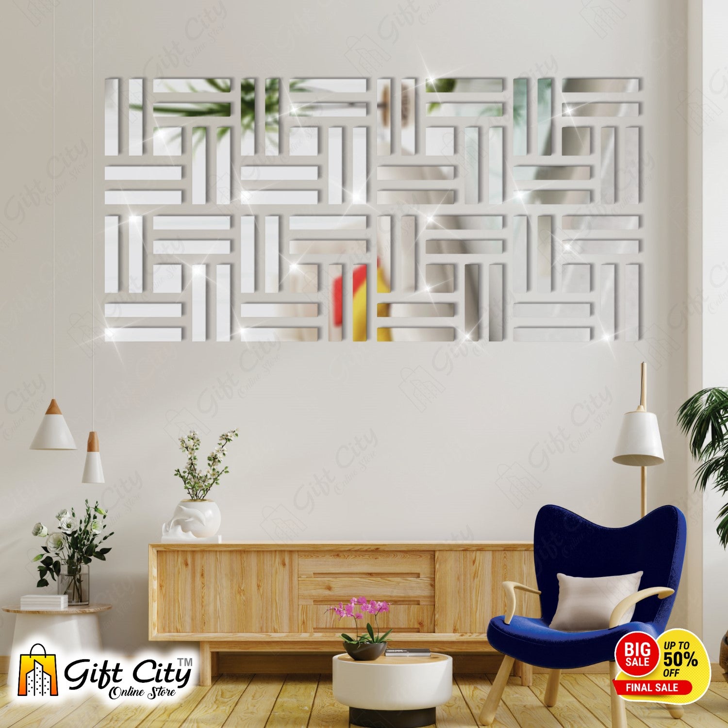 LINES Acrylic Mirror Silver 3D Panels Wall Art For Living Room, Bedroom and Bathroom