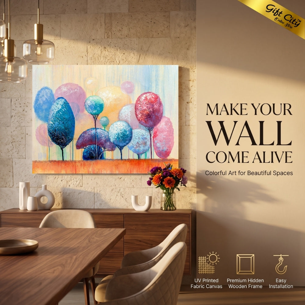 Colorful Ornamental Trees Canvas Painting Wall Art with Wooden Frame | Abstract Park Landscape Painting