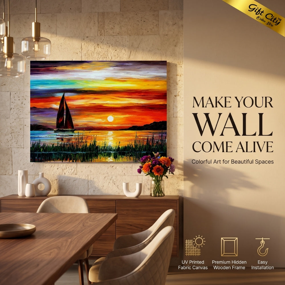 Yacht at Sunset Canvas Painting Wall Art with Wooden Frame | Sea Landscape Painting for Home Decor