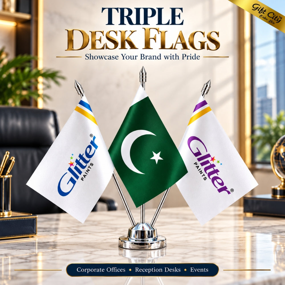 Custom Triple Table Desk Flags with Stainless Steel Stand – Personalized Office Flags with Double-Sided Printing | Gift City