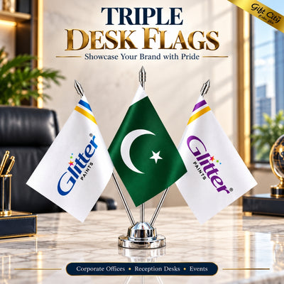 Custom Triple Table Desk Flags with Stainless Steel Stand – Personalized Office Flags with Double-Sided Printing | Gift City
