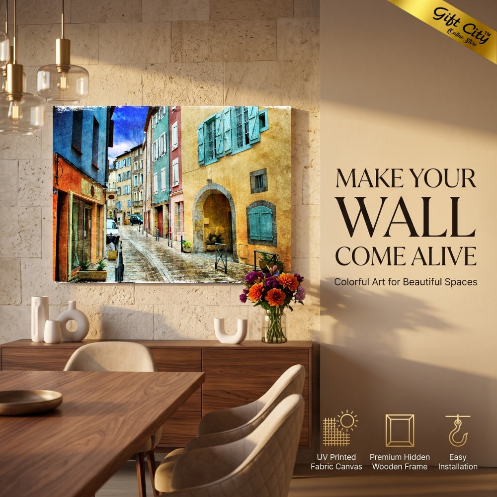 Street Scene Canvas Painting Wall Art with Wooden Frame | Urban Landscape Painting for Home Decor