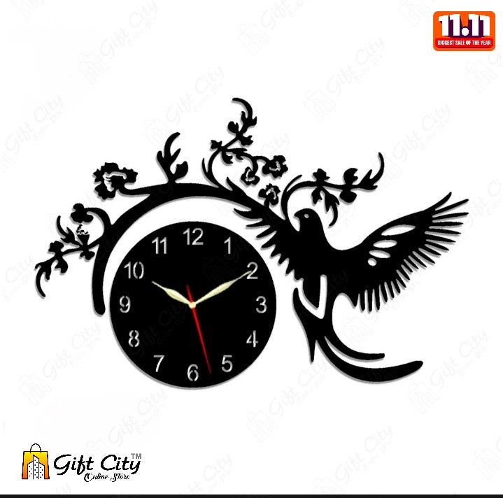 Flying Bird With Flowers Wooden Wall Clock For Living Room, Bedroom, and Offices 