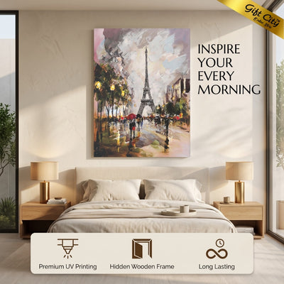 Eiffel Tower Canvas Wall Art with Wooden Frame | Paris Cityscape Painting for Home Decor