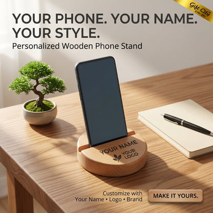 Custom Wooden Mobile Phone Stand | Personalized Logo Desk Mobile Holder