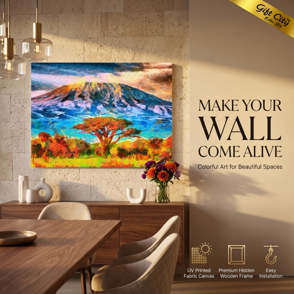 Mount Kilimanjaro Canvas Painting Wall Art with Wooden Frame | Colorful Mountain Landscape Painting