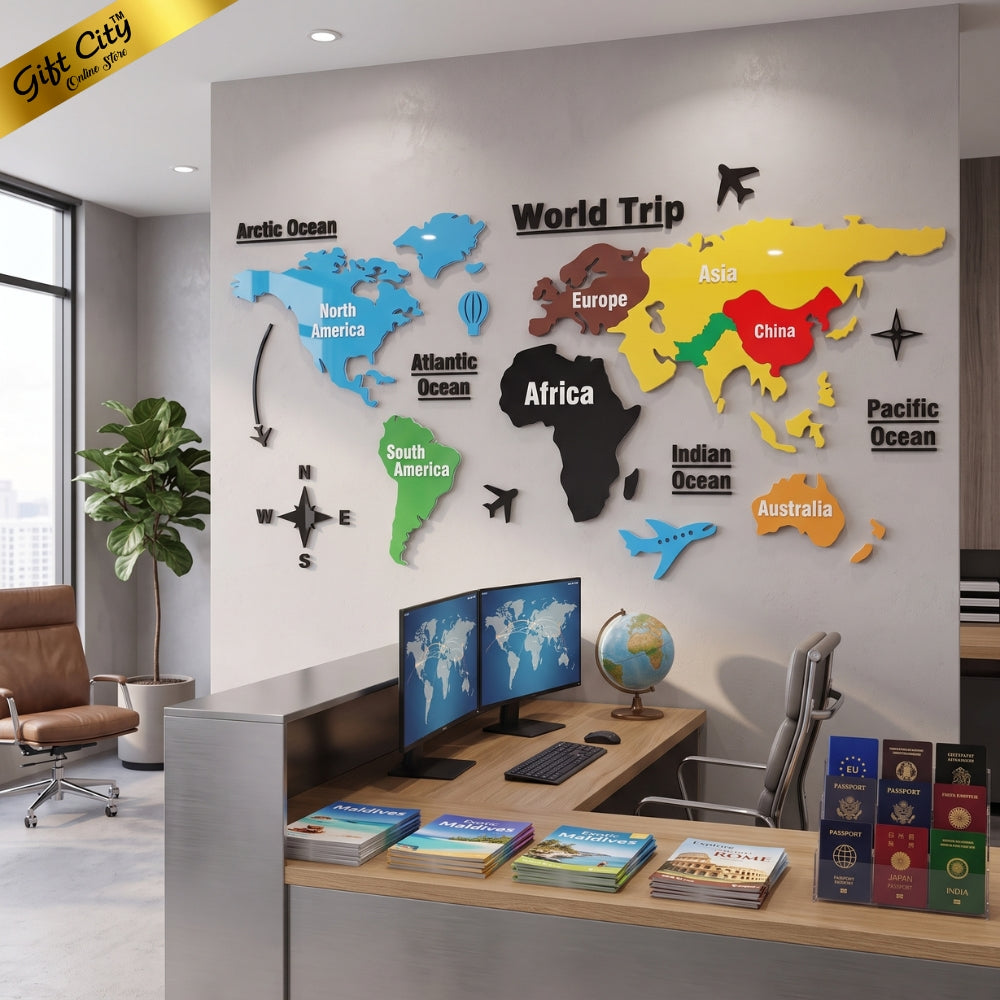 Gift City Presents Acrylic Colorful World Map Wall Art for Travel Agency | Modern Home Decor | Large Decorative Map