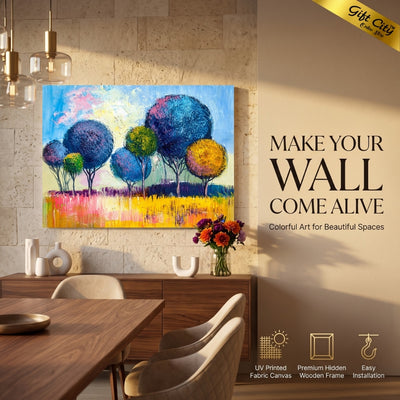 Abstract Rainbow Trees Canvas Wall Art with Wooden Frame | Colorful Nature Painting for Home Decor