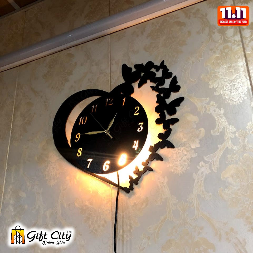 Heart Shape Wooden Wall Clock With Premium Light For Living Room, Offices - Gift City