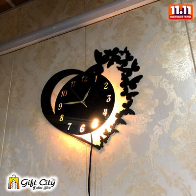 Heart Shape Wooden Wall Clock With Premium Light For Living Room, Offices - Gift City - Gift City Online Store