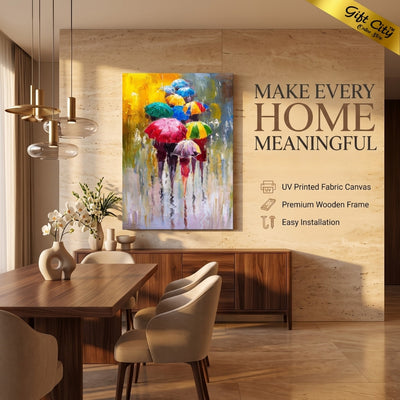People with Umbrellas in Rain Canvas Painting | Romantic Rainy Scene Wall Art for Home & Office Decor