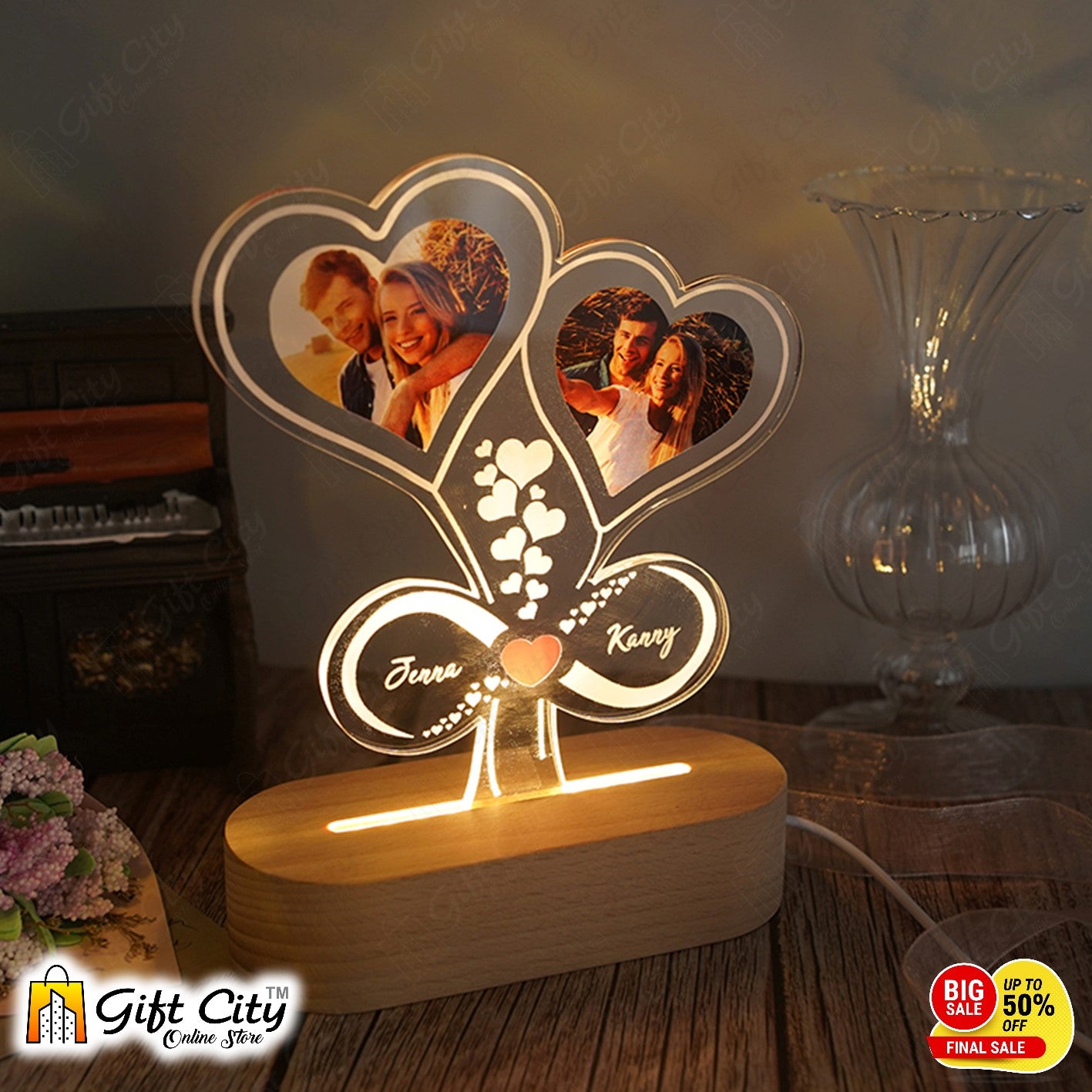 Customizable Heart Shape Acrylic Lamp With 2 Pics For Birthdays And Weddings