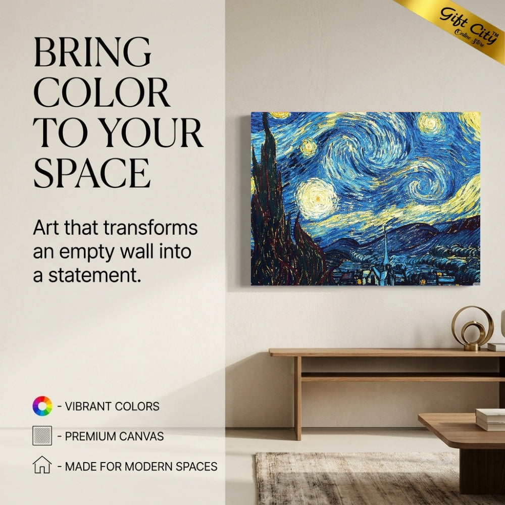 Starry Night Canvas Painting Wall Art | Van Gogh Inspired Night Sky Painting with Wooden Frame