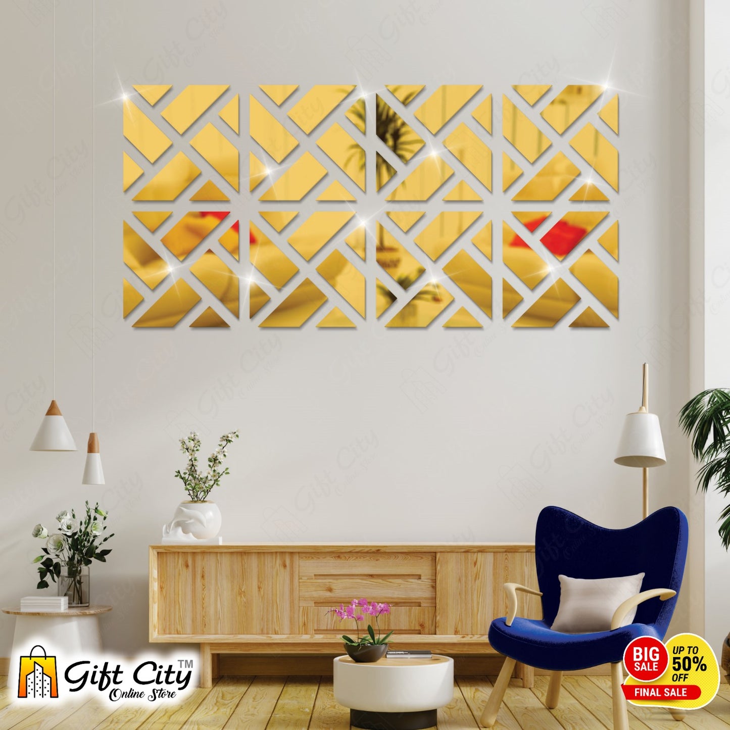 Geometrical Acrylic Mirror Golden 3D Panels Wall Art 