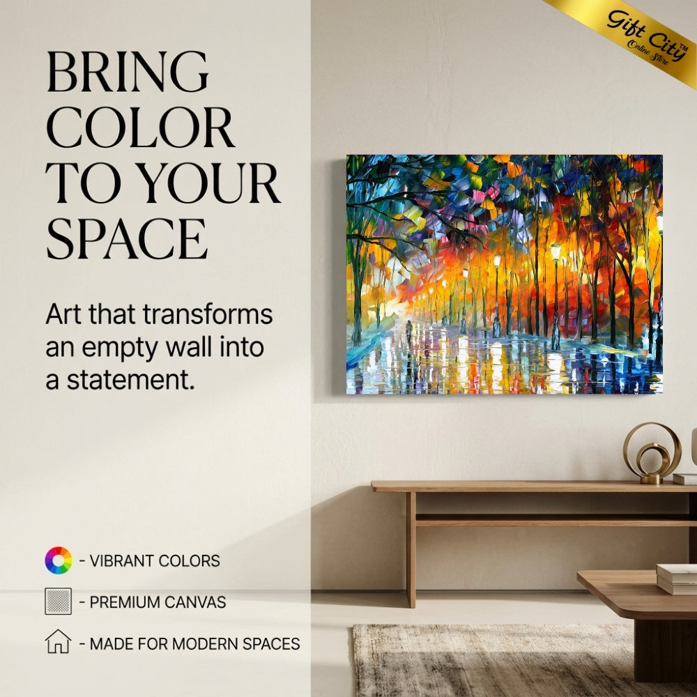 Rainy Street Light Canvas Painting Wall Art with Wooden Frame | Colorful Palette Knife Painting