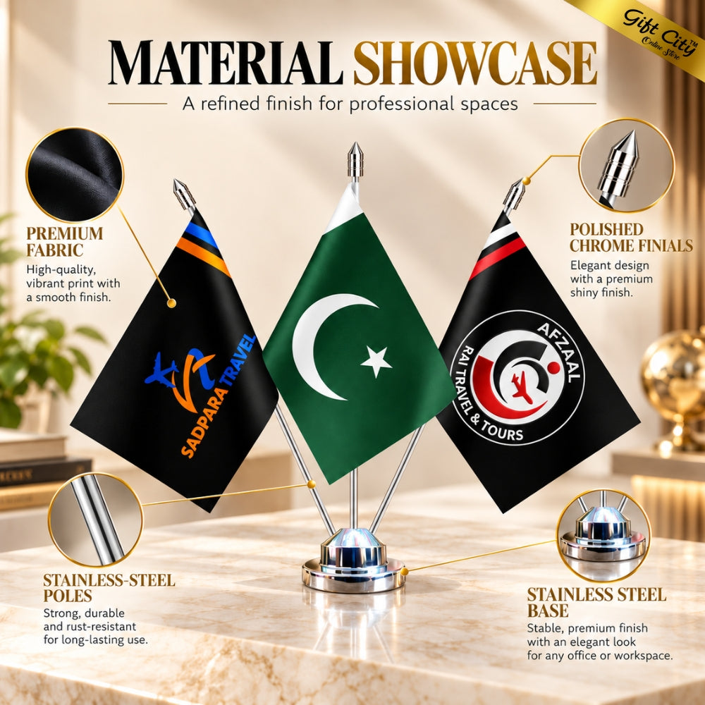 Custom Triple Table Desk Flags with Stainless Steel Stand – Personalized Office Flags with Double-Sided Printing | Gift City