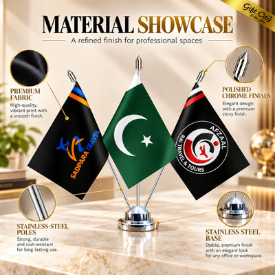 Custom Triple Table Desk Flags with Stainless Steel Stand – Personalized Office Flags with Double-Sided Printing | Gift City
